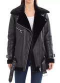 Womens Shine Black Shearling Leather Jacket