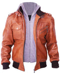 Glowrexs Men's Grey Removable Hood Brown Leather Jacket