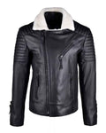 Mens Black Shearling White Fur Leather Biker Jacket