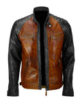 Mens Brown And Black Leather Quilting Vintage Biker Jacket