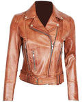 Glowrexs Margaret Brown Leather Asymmetrical Women's Slim Fit Biker Jacket