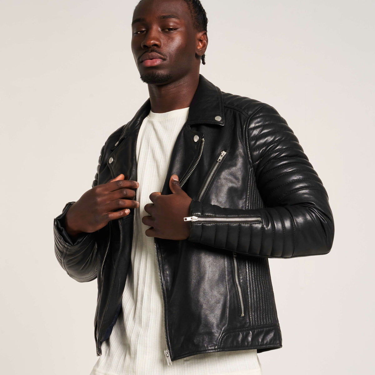 Men’s Leather Biker Jacket with Quilted Ribbed Sleeves