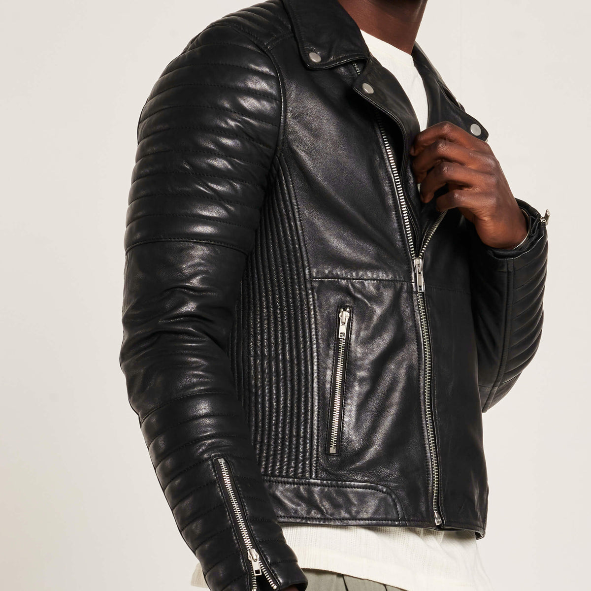 Men’s Leather Biker Jacket with Quilted Ribbed Sleeves