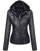 Glowrexs Women's Removable Hood Slim Fit Biker Real Leather Jacket