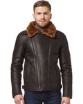 Glowrexs Men's Brown Ginger Aviator Bomber Cross Zipper Leather Jacket