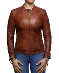 Glowrexs Women's Waxed Brown Biker Real Sheepskin Leather Jacket