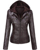 Glowrexs Women's Removable Hood Slim Fit Biker Real Leather Jacket